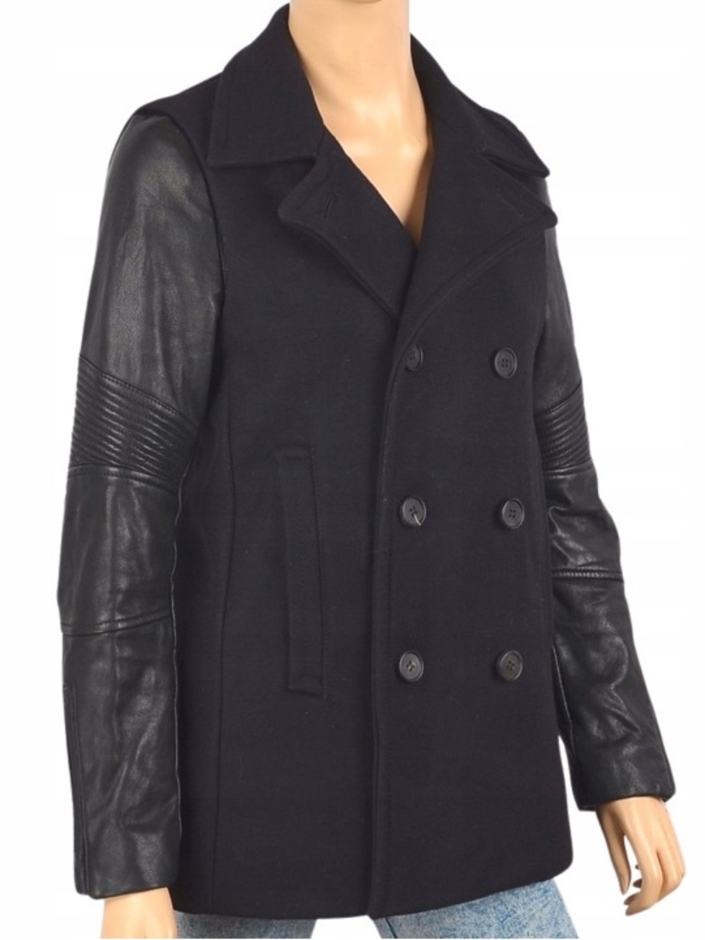 AllSaints Black Wool Pea Coat with Leather Sleeves